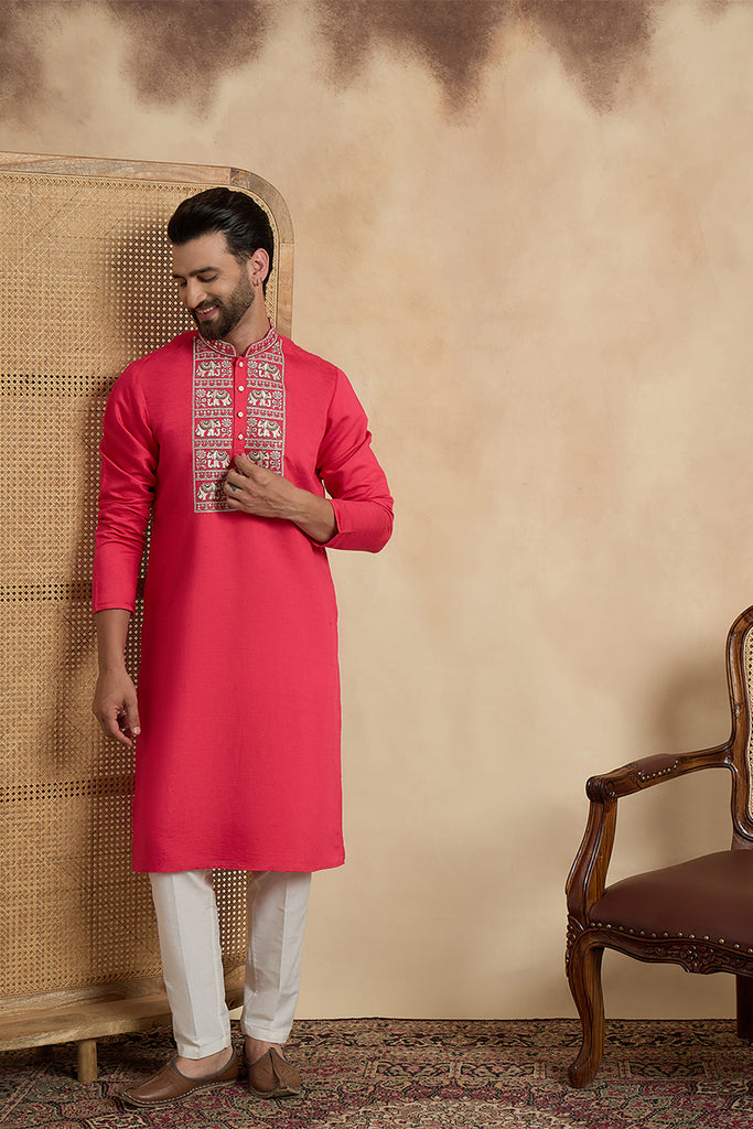 Pink Viscose Rayon Solid Embroidered Thread Work Kurta With Trouser MKSET2459