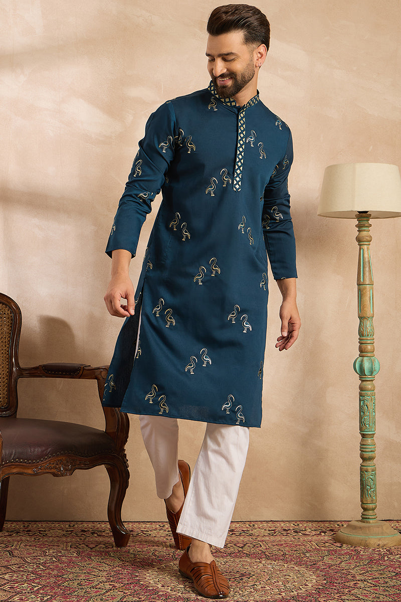 Navy Blue Silk Blend Solid Embroidered Straight Kurta With Trouser MKSET1816