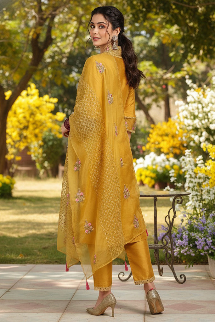 Mustard Yellow Silk Blend Floral Embroidered Straight Suit Set PKSKD2240