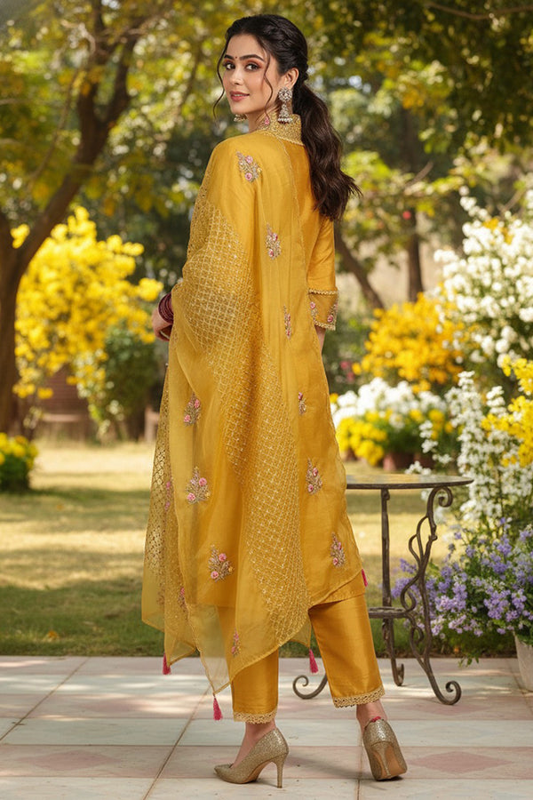 Mustard Yellow Silk Blend Floral Embroidered Straight Suit Set PKSKD2240