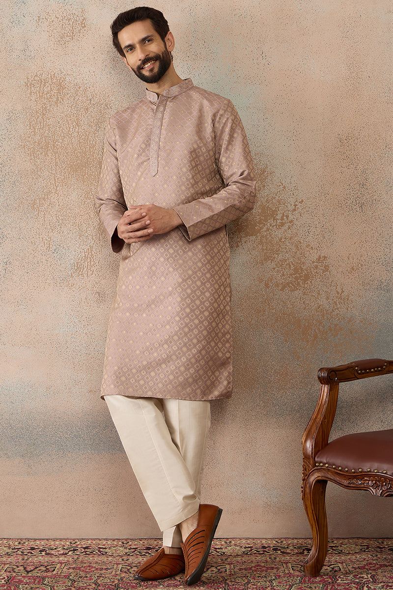 Taupe Jacquard Ethnic Motifs Embroidered Kurta MKU2324