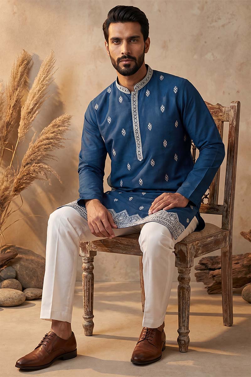 Silk Blend Blue Solid Embroidered Calf Length Straight Kurta MKU2274