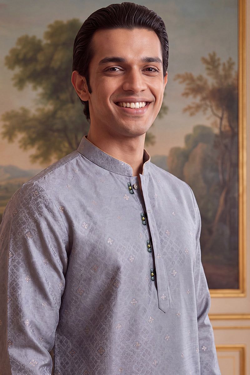 Grey Jacquard Ethnic Motifs Woven Design Kurta With Trouser MKSET2642