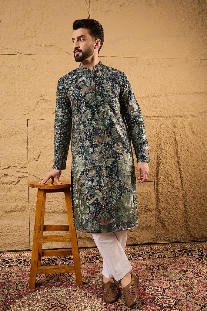 Green Georgette Solid Embroidered Straight Kurta with Trouser MKSET1133