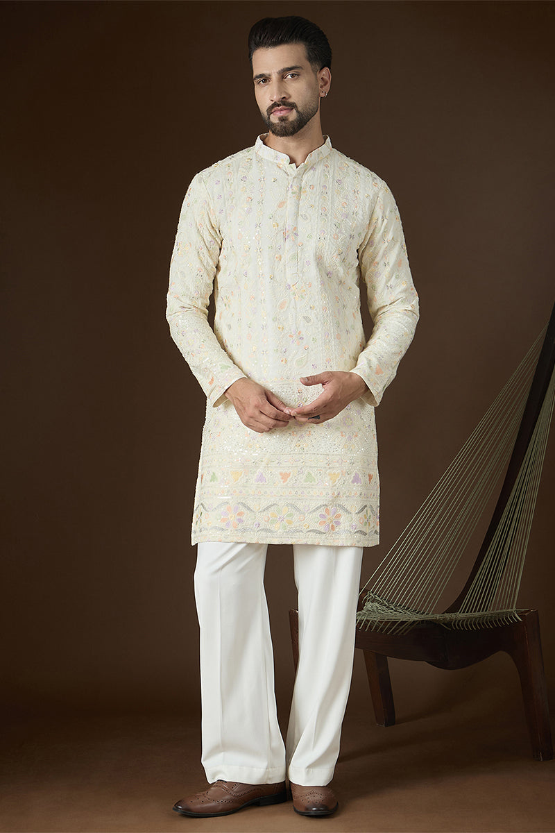 Off White Georgette Solid Embroidered Kurta With Trouser MKSET2732