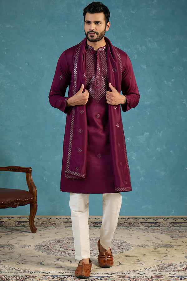 Purple Silk Blend Ethnic Motifs Embroidered Kurta With Dupatta MKUD1076