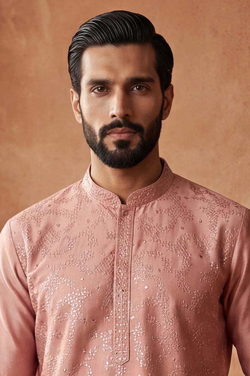 Silk Blend Peach Solid Embroidered Calf Length Straight Kurta MKU2136