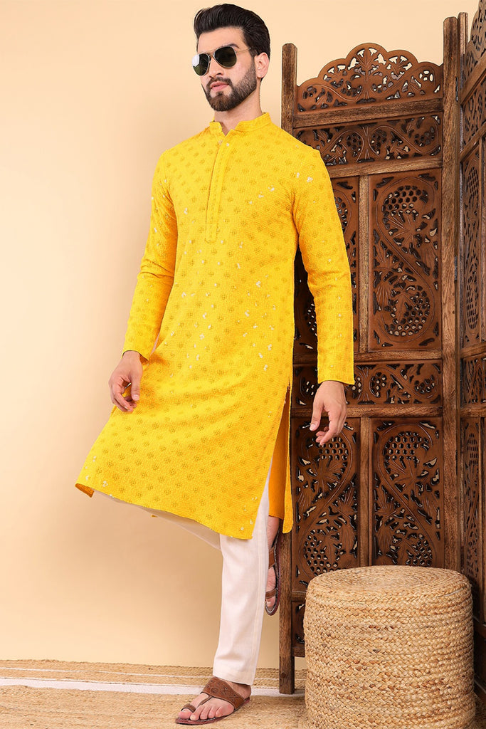Yellow Viscose Rayon Solid Embroidered Straight Kurta with Trousers MKSET1010YLW
