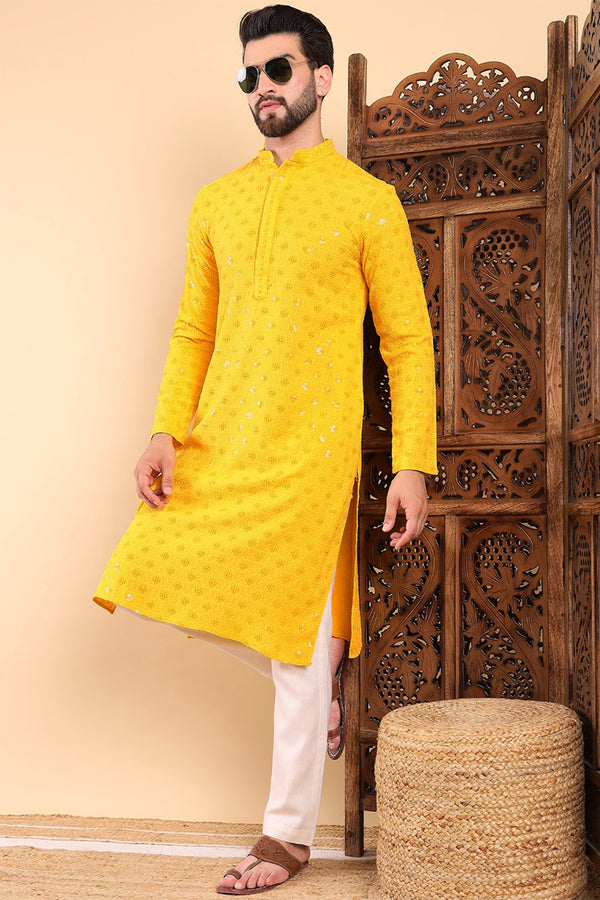 Yellow Viscose Rayon Solid Embroidered Straight Kurta with Trousers MKSET1010YLW