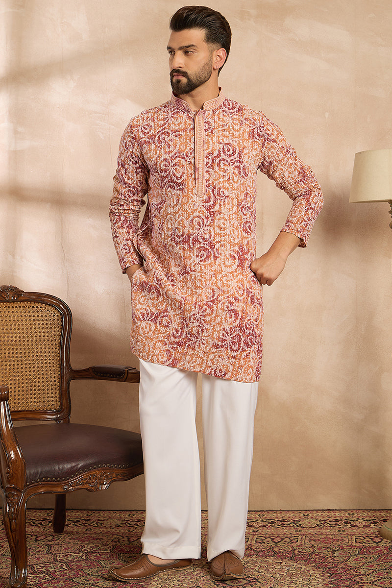Orange Viscose Rayon Batik Embroidered Straight Kurta MKU1719