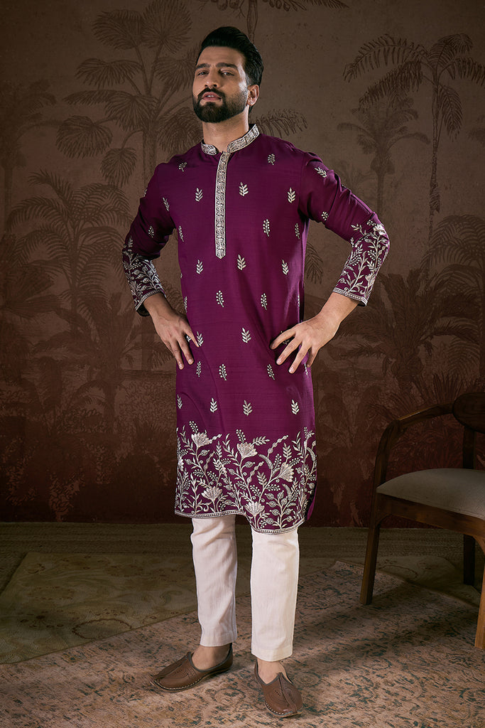Purple Silk Blend Solid Embroidered Straight Kurta With Trouser MKSET1944