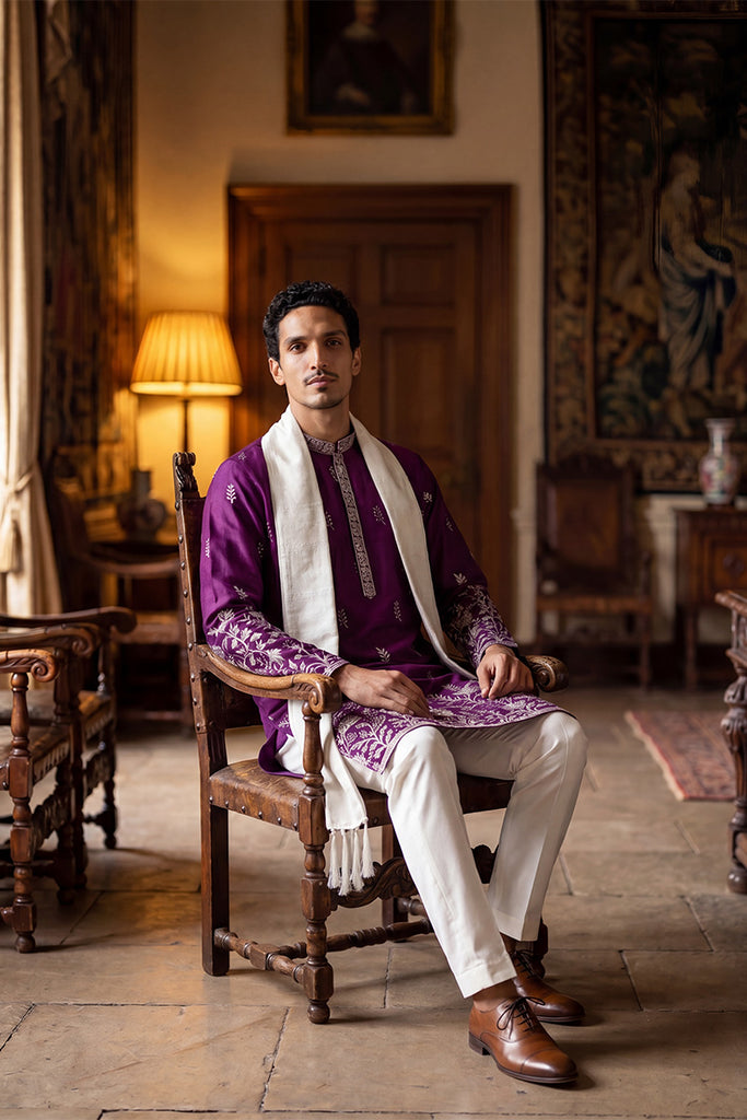 Purple Silk Blend Solid Embroidered Straight Kurta Trouser with Dupatta MKPD1944
