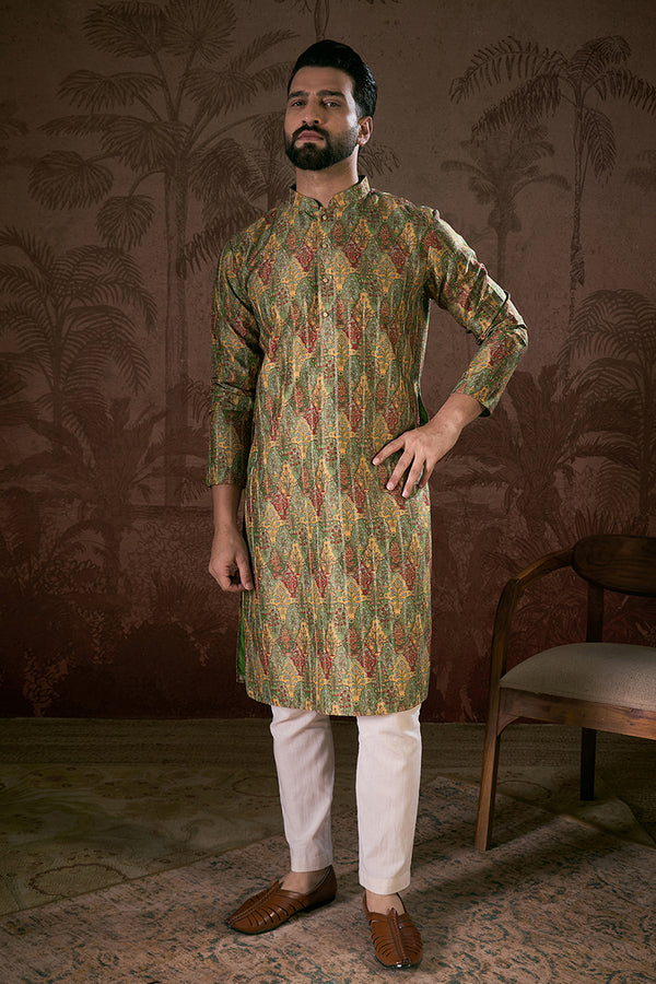 Green Silk Blend Floral Printed Straight Kurta With Trouser MKSET1953