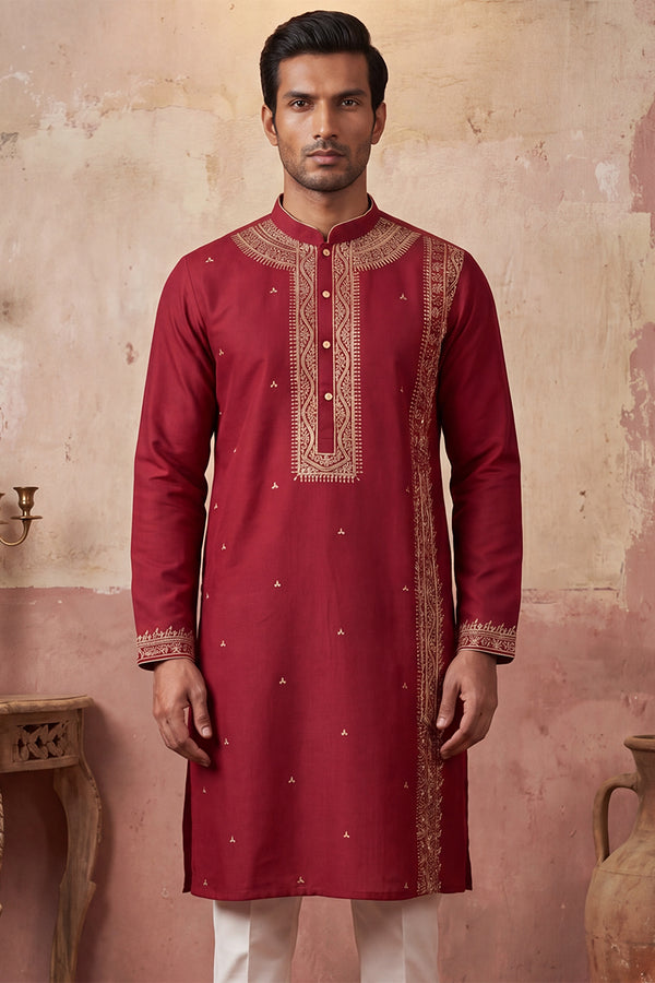 Red Silk Blend Solid Emboidered Straight Kurta With Trouser MKSET2314