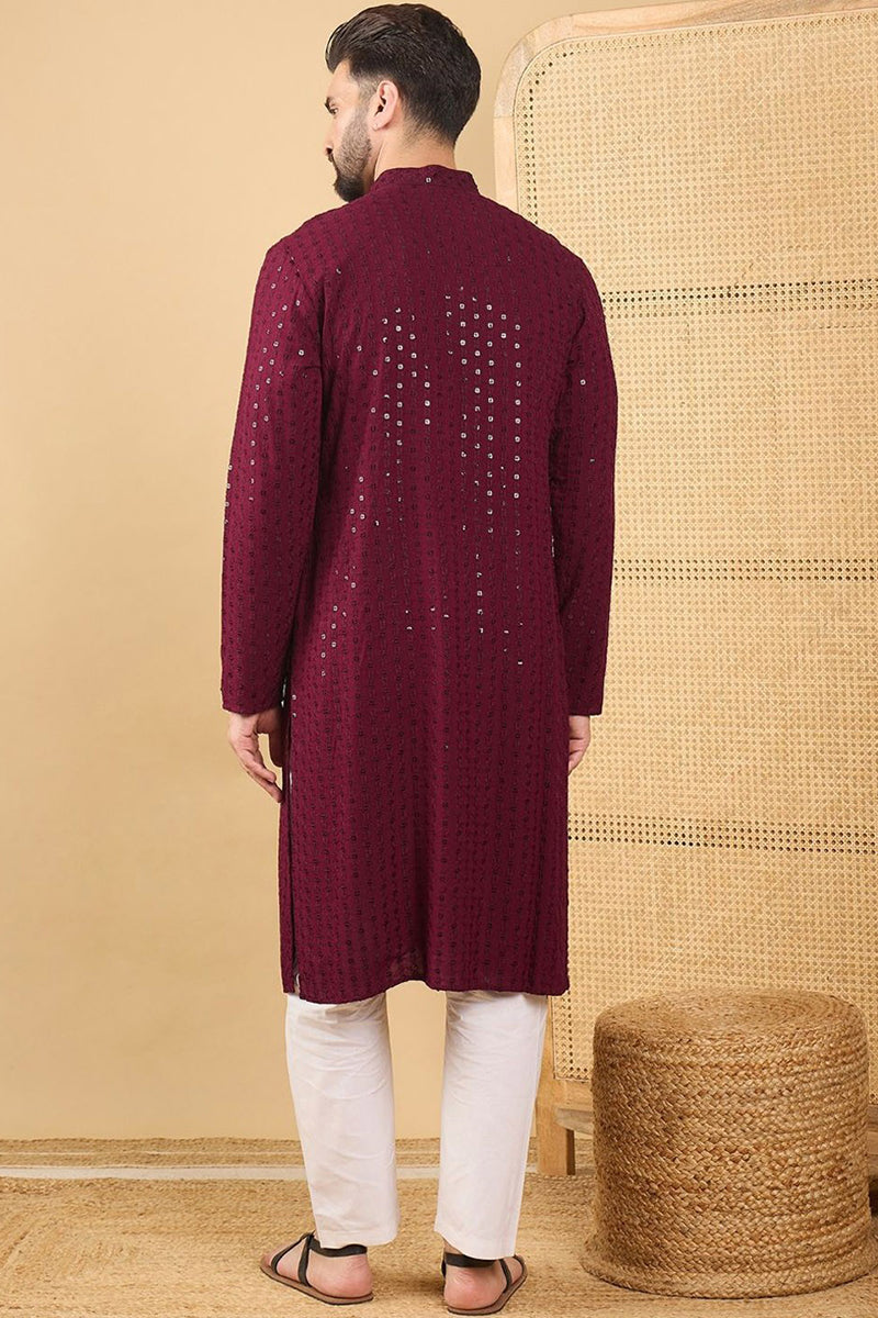 Ethnic Bay Maroon Viscose Rayon Solid Embroidered Straight Chikankari Kurta MKU1044