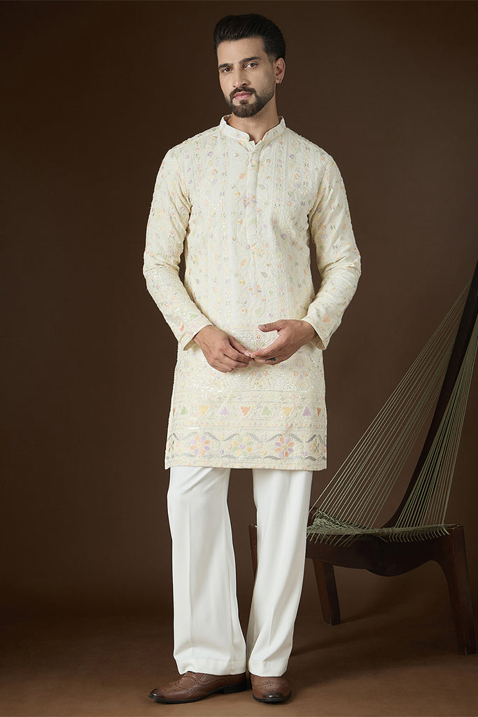 Off White Georgette Solid Embroidered Kurta MKU2732