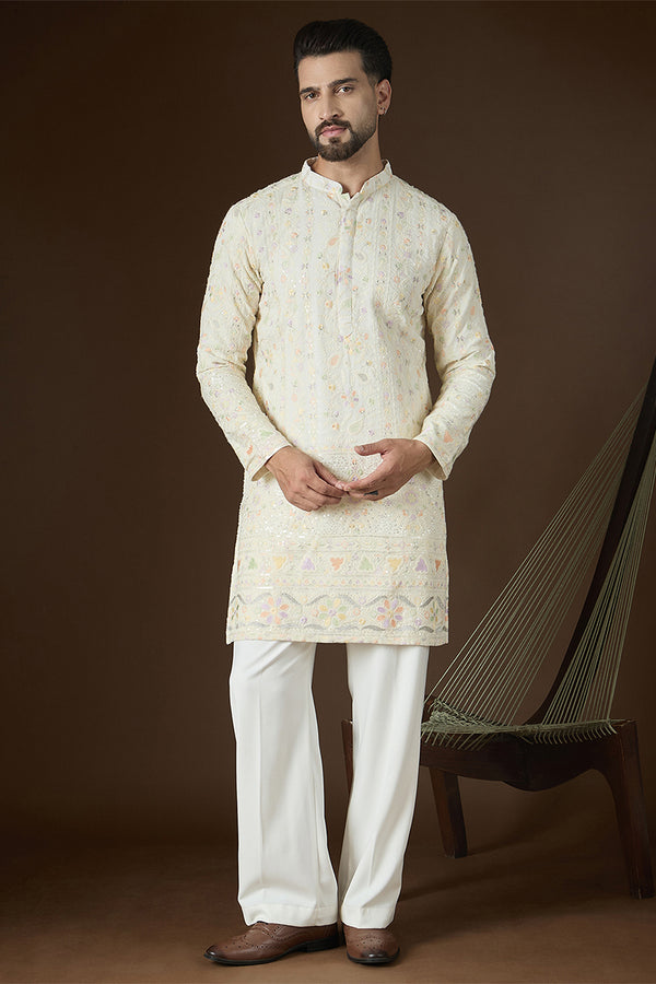 Off White Georgette Solid Embroidered Kurta MKU2732