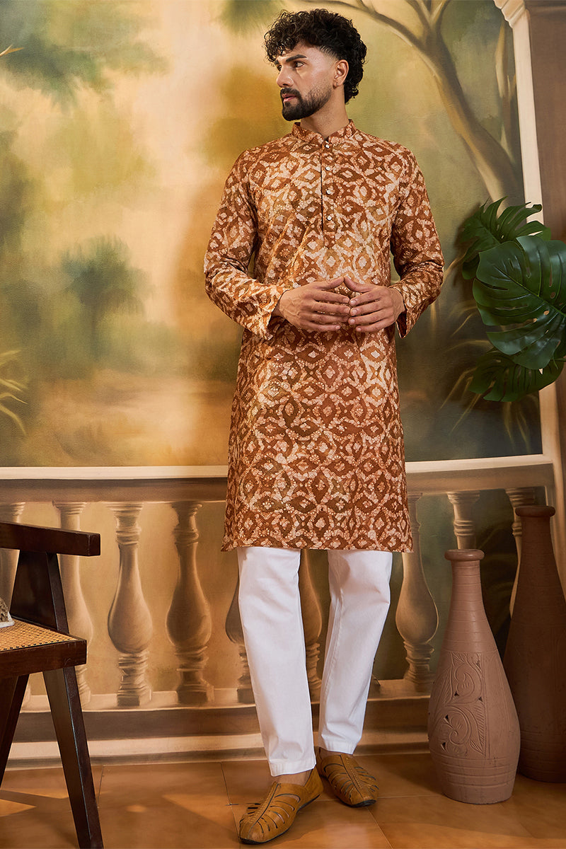 Brown Pure Cotton Batik Embroidered Straight Kurta with Trouser MKSET1461