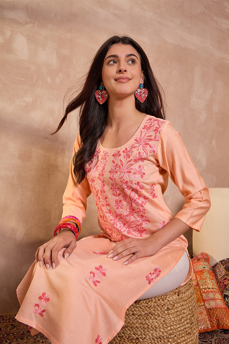 Peach Viscose Rayon Emboidered Kurti VCK9795
