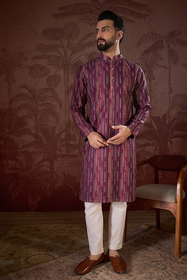 Purple Silk Blend Striped Printed Straight Kurta With Trouser MKSET1905