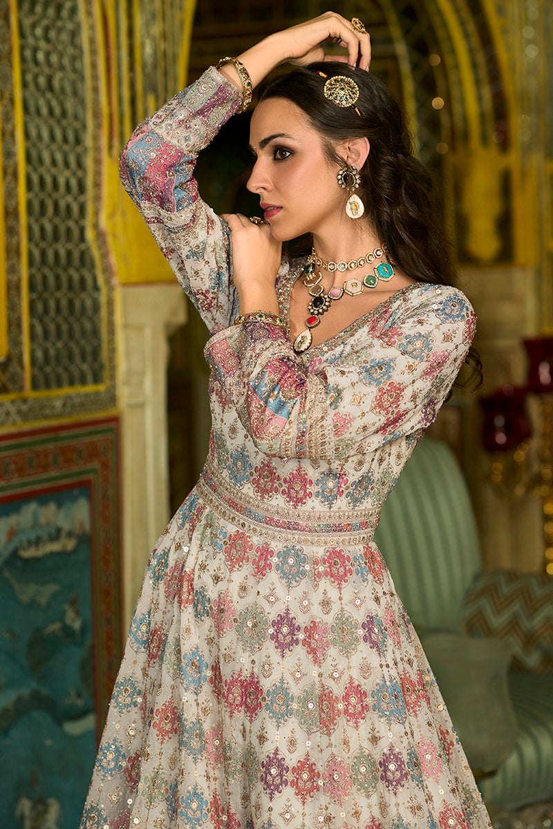 Off White Georgette Embroidered With Hand Work Gown With Dupatta VKSET1541