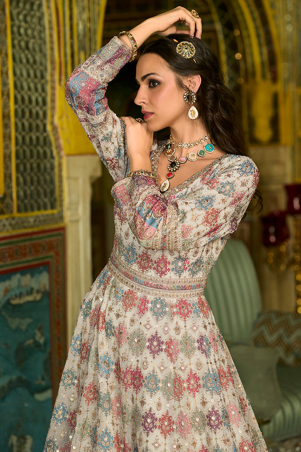 Off White Georgette Embroidered With Hand Work Gown With Dupatta VKSET1541