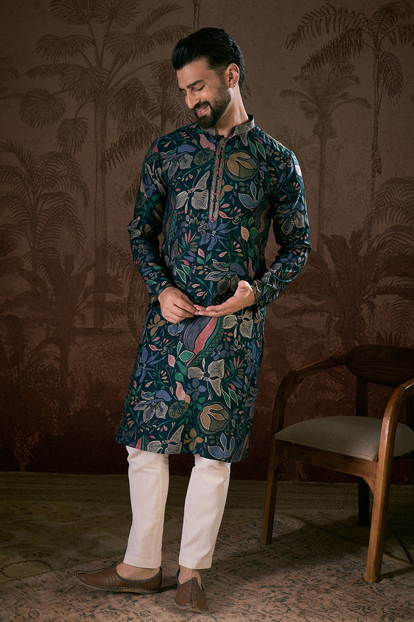 Blue Silk Blend Floral Printed Straight Kurta MKU1962