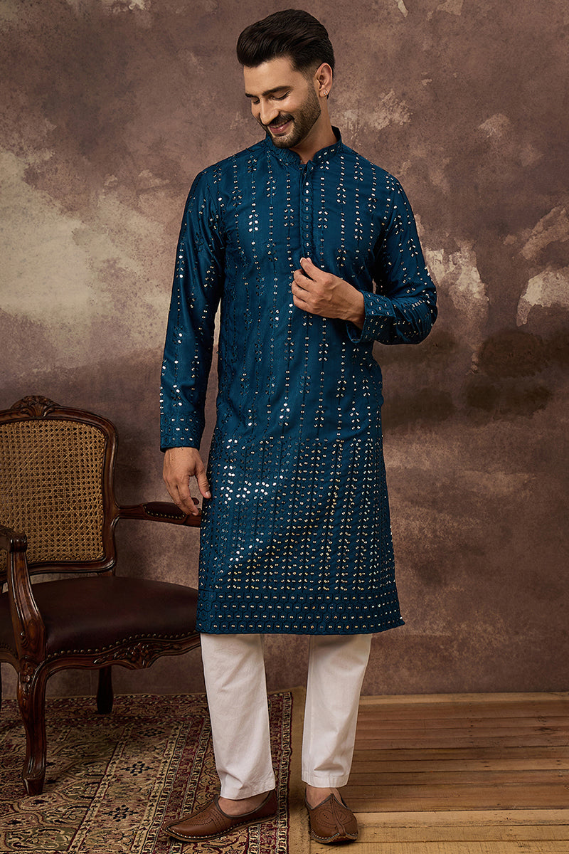 Blue Silk Blend Solid Embroidered Straight Kurta With Pant Set MKSET1358