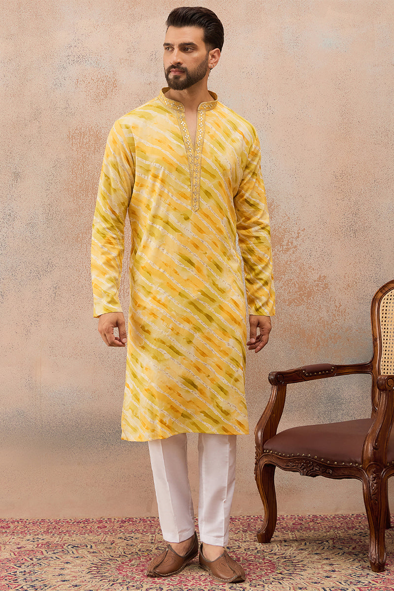 Yellow Viscose Rayon Leheriya Printed Kurta MKU2756