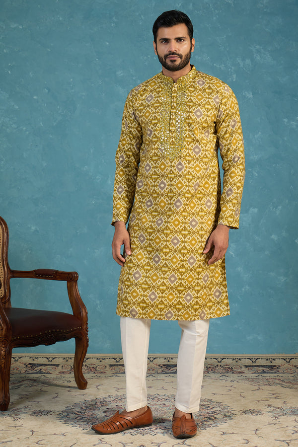 Green Silk Blend Ethnic Motifs Ikat Printed Kurta MKU1894