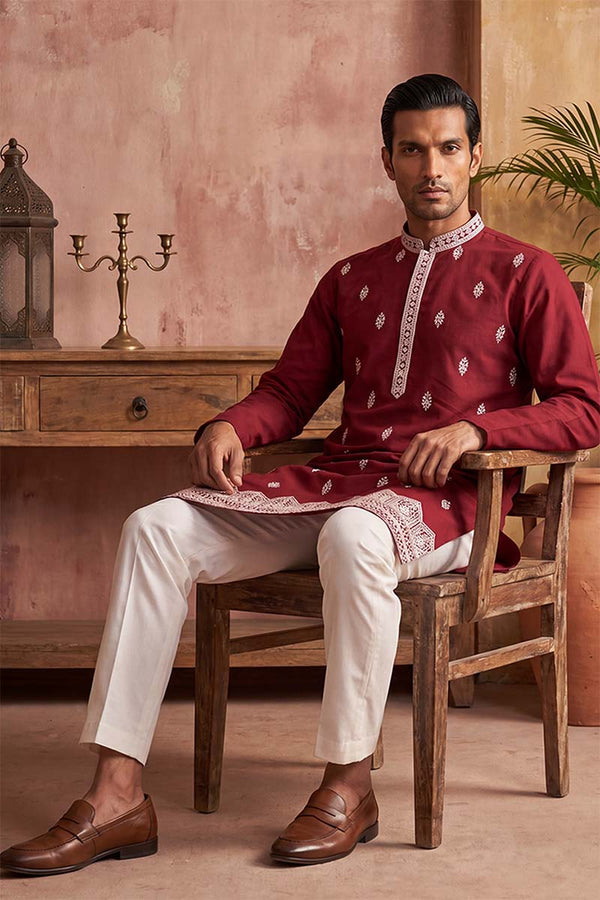 Silk Blend Maroon Solid Embroidered Calf Length Straight Kurta MKU2270