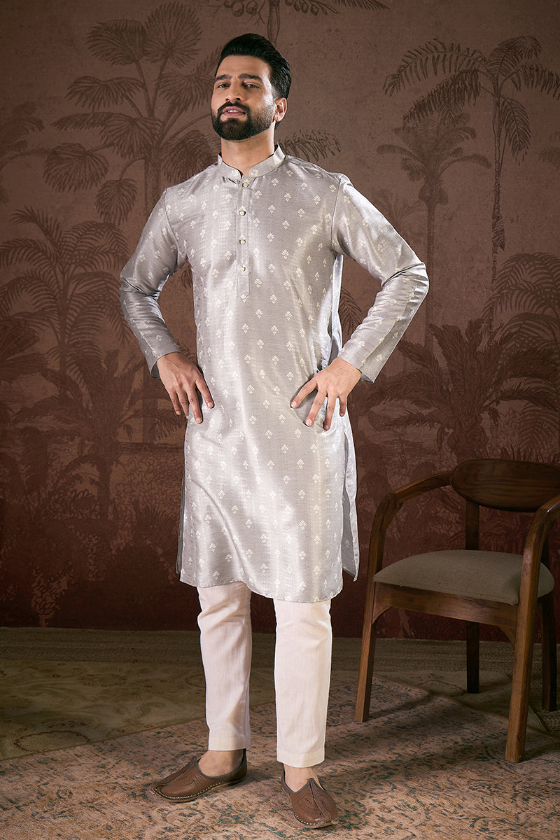 Grey Silk Blend Floral Printed Straight Kurta With Trouser MKSET1923