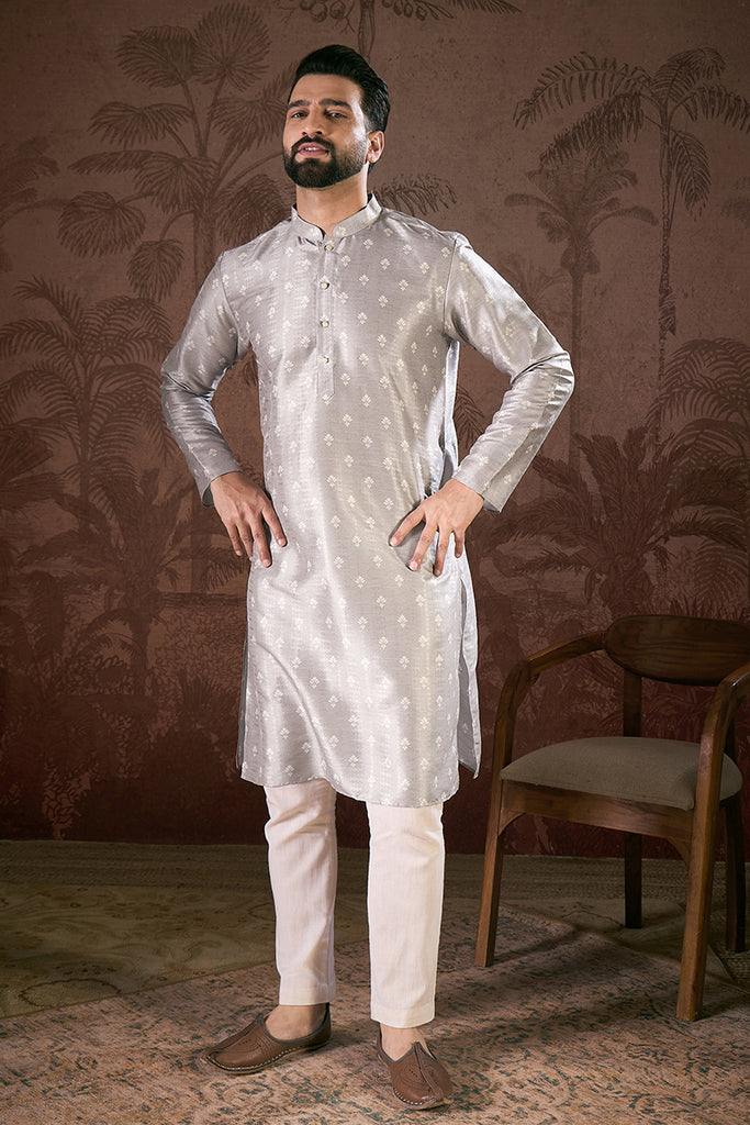 Grey Silk Blend Floral Printed Straight Kurta With Trouser MKSET1923