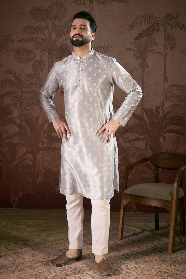 Grey Silk Blend Floral Printed Straight Kurta With Trouser MKSET1923
