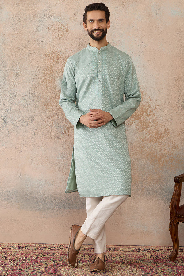 Green Linen Blend Geometric Woven Design Kurta MKU2365