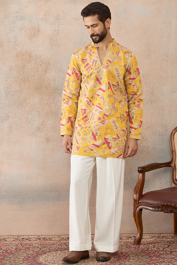 Yellow Silk Blend Ethnic Motifs Embroidered Kurta With Trouser MKSET2455
