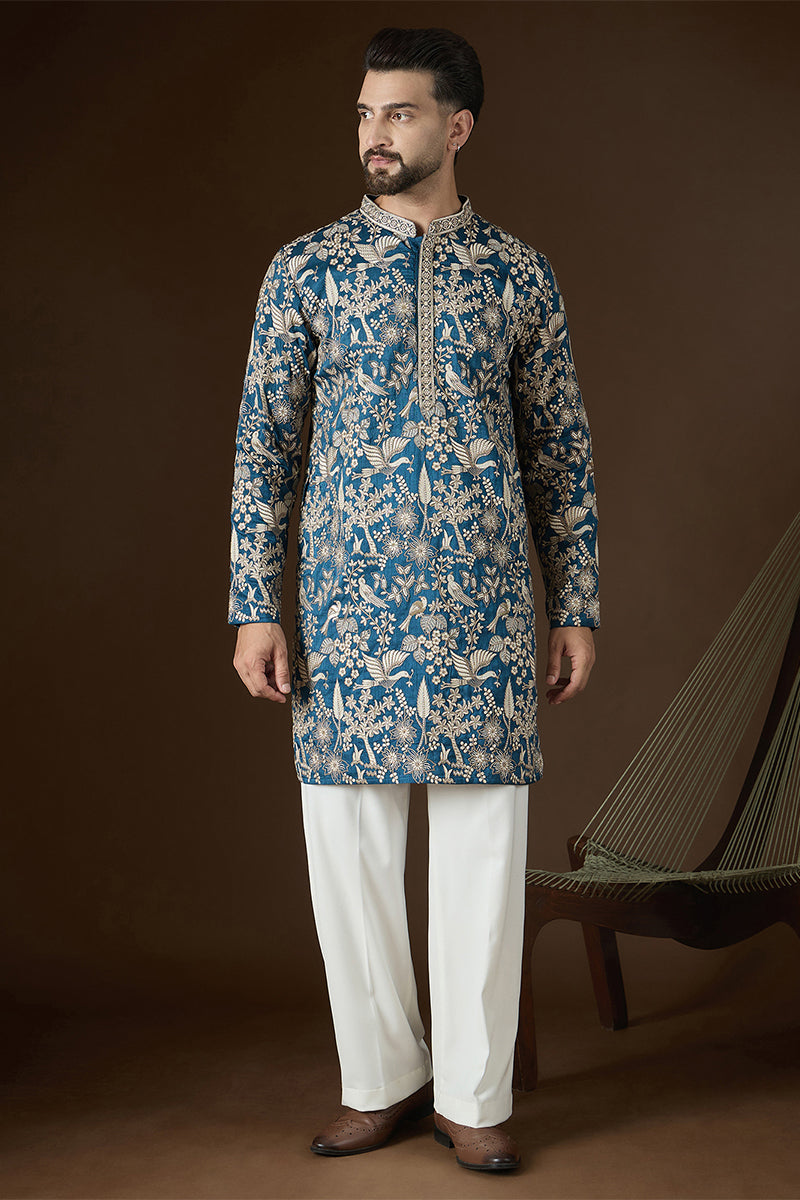Blue Silk Blend Solid Embroidered Kurta MKU2728