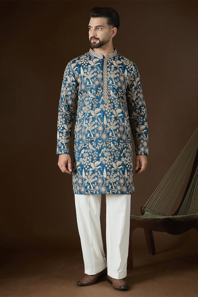 Blue Silk Blend Solid Embroidered Kurta MKU2728