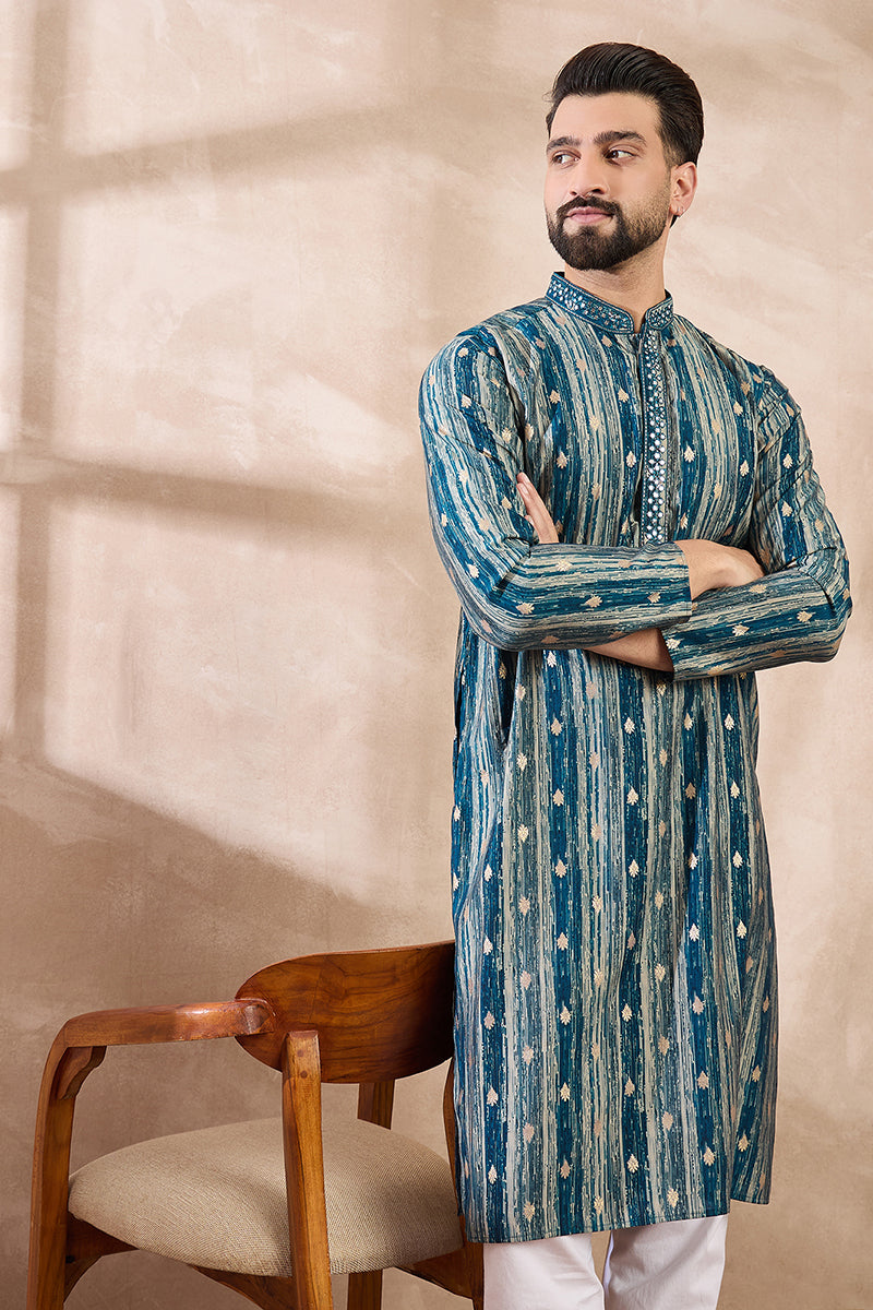 Turquoise Blue Silk Blend Abstract Printed Straight Kurta MKU2005