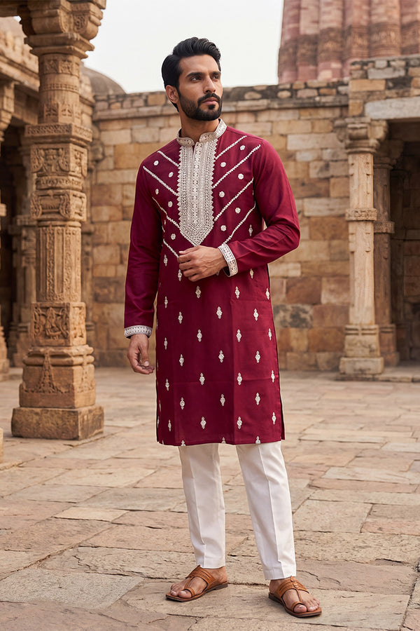 Maroon Silk Blend Embroidered Straight Kurta MKU2048