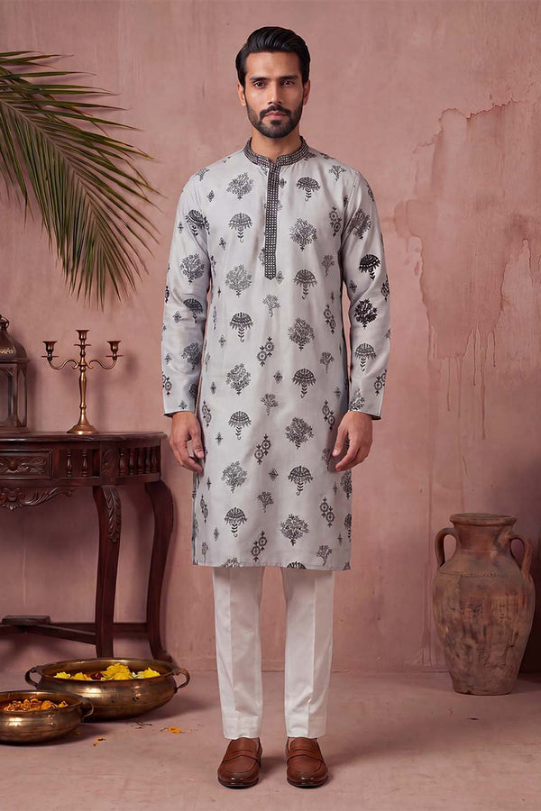 Silk Blend Embroidered Solid Blue Kurta MKU1805