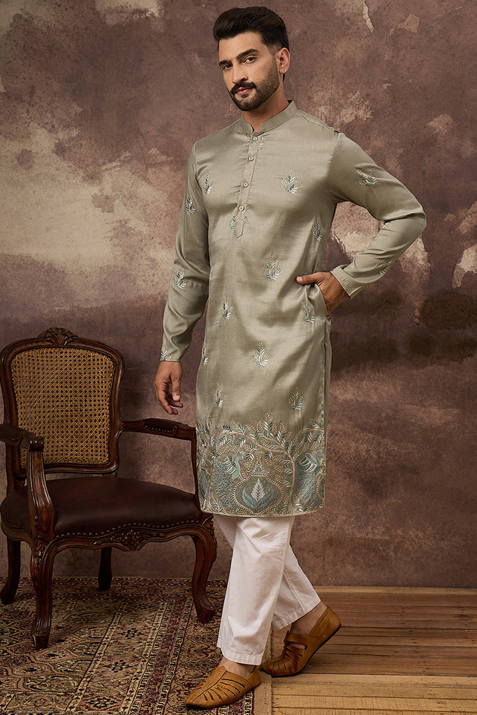 Green Silk Blend Solid Embroidered Straight Kurta with Trouser MKSET1345