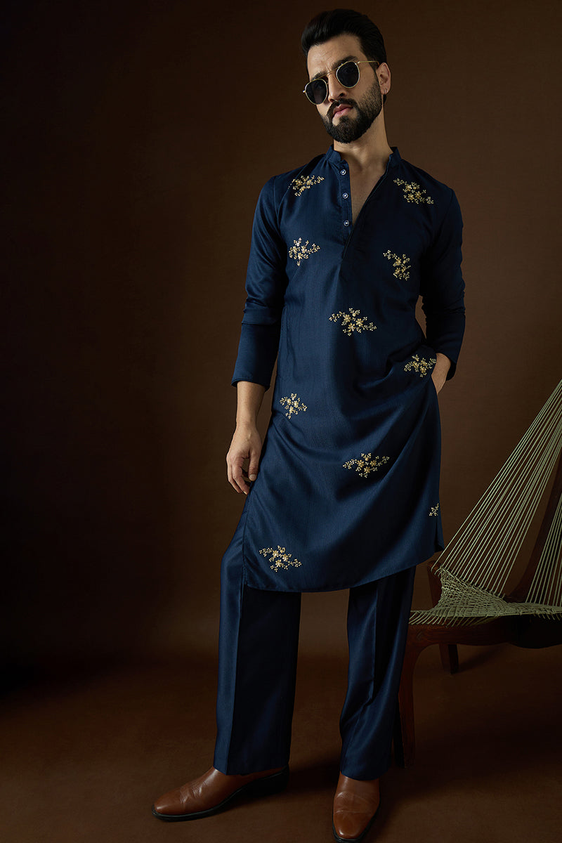 Blue Silk Blend Solid Dyed Kurta With Trouser MKSET2058