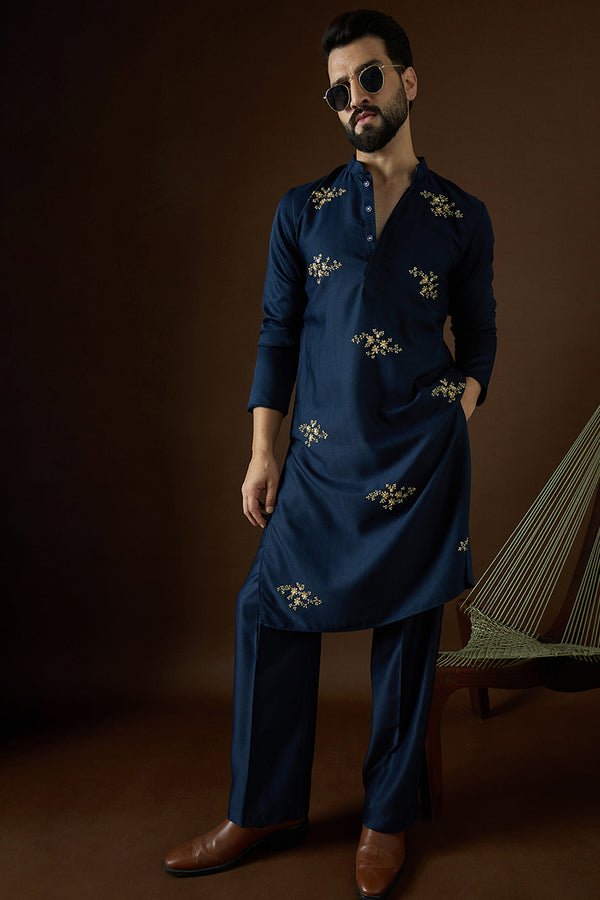 Blue Silk Blend Solid Dyed Kurta With Trouser MKSET2058