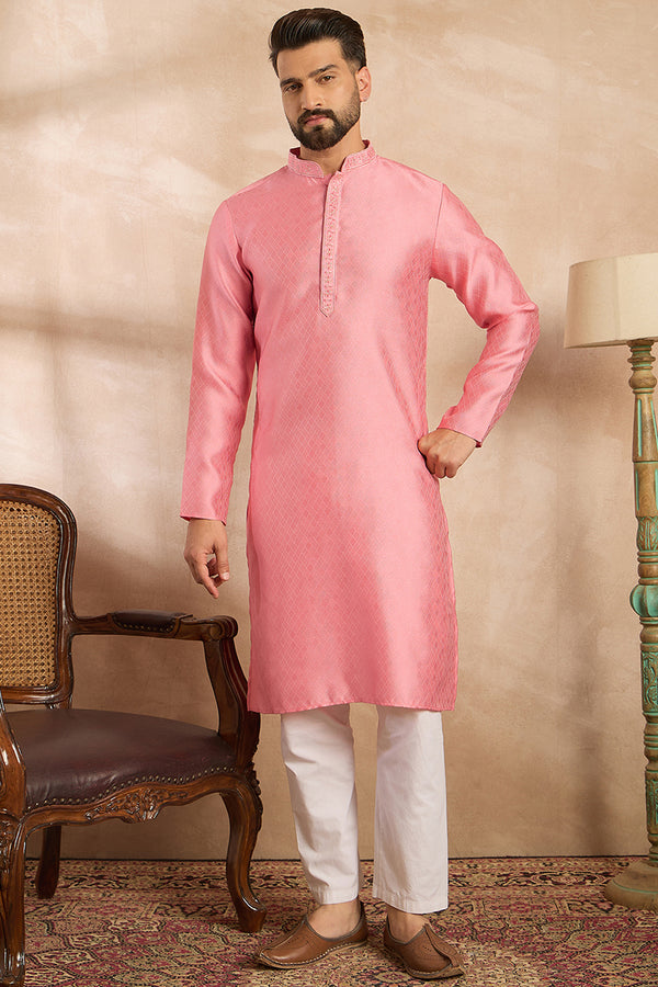 Pink Polyester Solid Embroidered Straight Kurta With Trouser MKSET1842