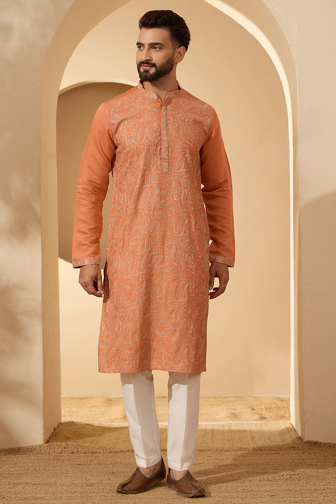Orange Modal Embroidered Calf Length Straight Regular Kurta With Trouser MKSET2166
