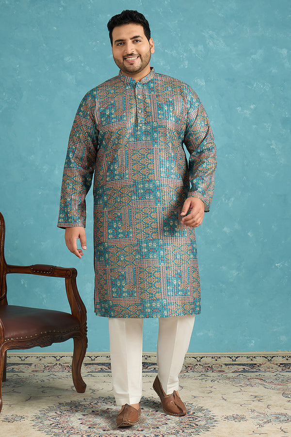 Blue Silk Blend Ethnic Motifs Printed Kurta MKU1934