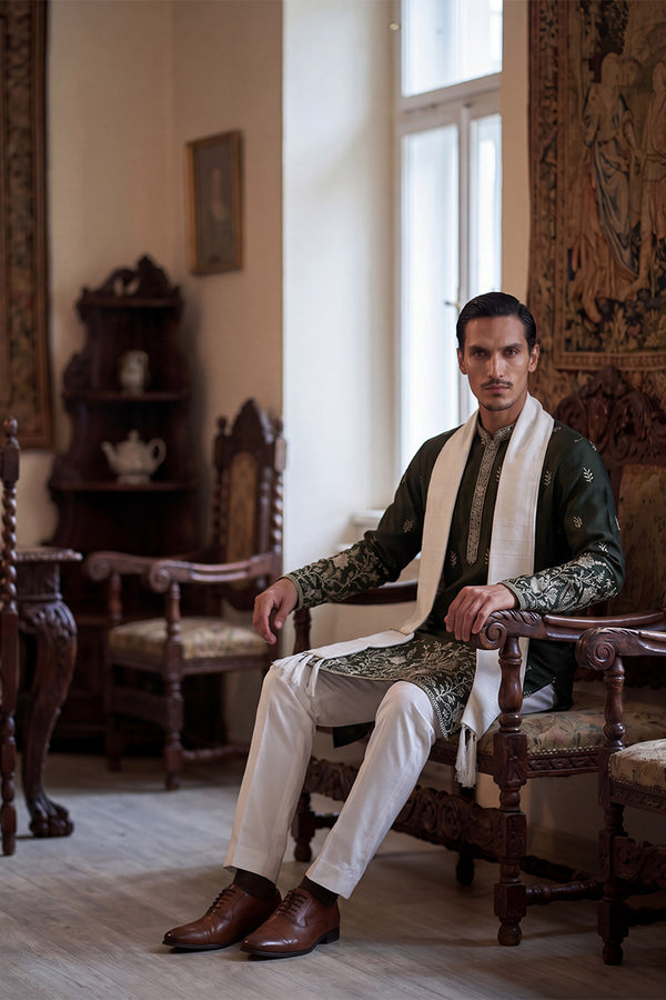 Olive Chanderi Silk Solid Embroidered Straight Kurta Trouser with Dupatta MKPD1319