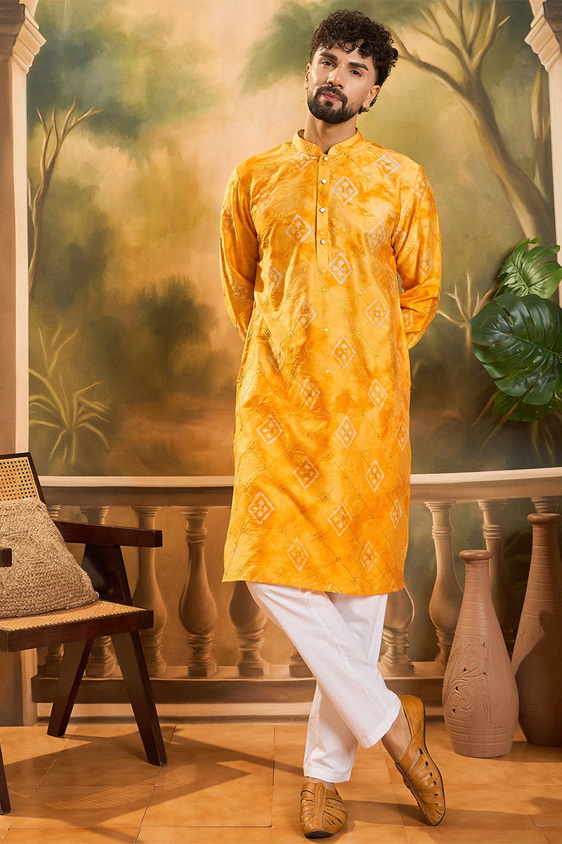 Orange Silk Blend Batik Embroidered Straight Kurta with Trouser MKSET1466