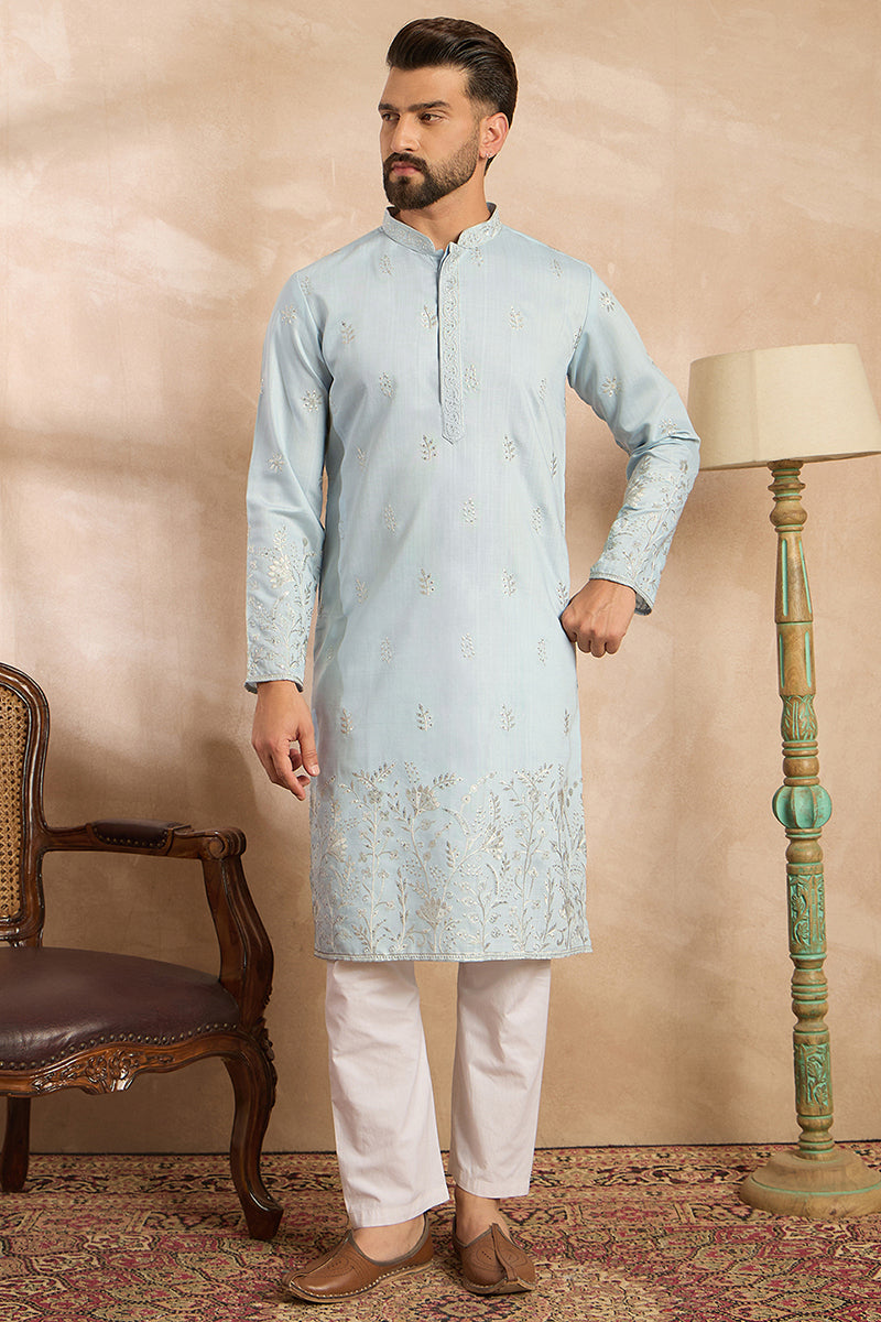 Blue Silk Blend Solid Embroidered Straight Kurta With Trouser MKSET1785